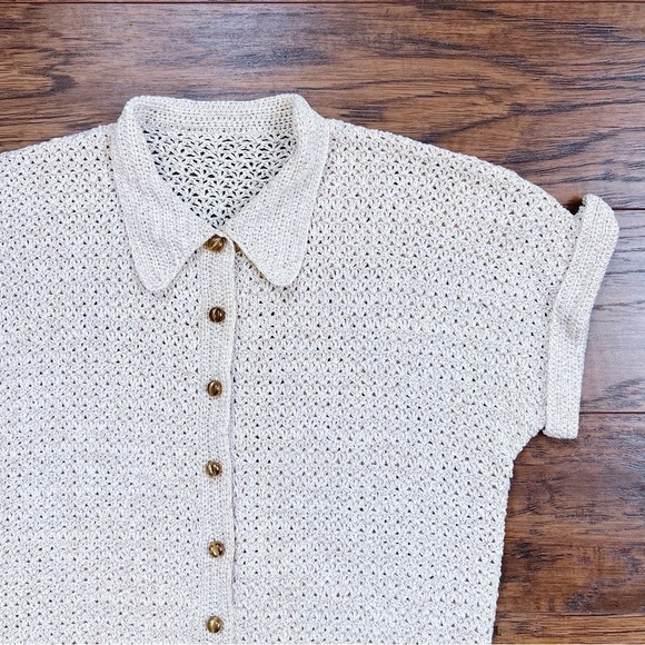 vintage • 50s cropped sweater cardigan cream gold sparkly metallic short sleeve - Picture 2 of 7